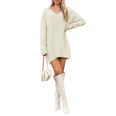 V-Neck Dropped Shoulder Sweater Dress – Cozy Knit Style in light color with stylish boots and handbag.