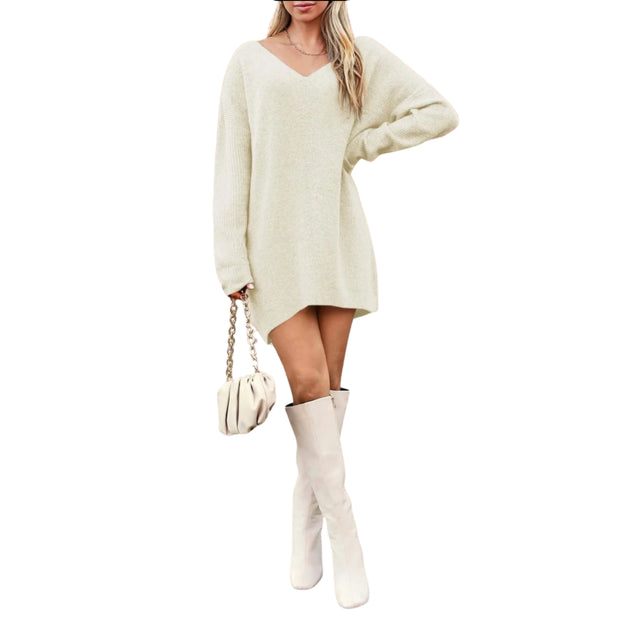 V-Neck Dropped Shoulder Sweater Dress – Cozy Knit Style in light color with stylish boots and handbag.