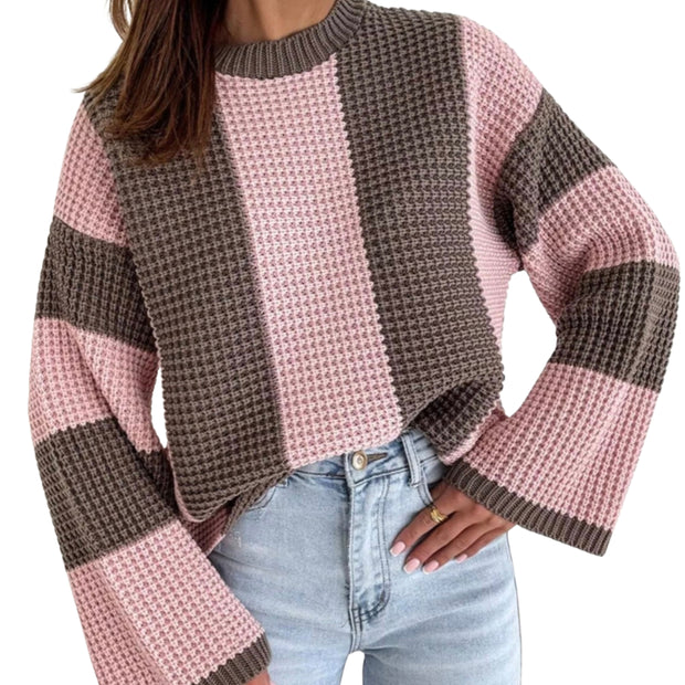 Cozy Color Block Oversized Sweater featuring a relaxed fit and color block design in pink and brown.