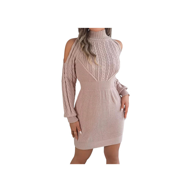 Cold Shoulder Cable Knit Turtleneck Sweater Dress – Long Sleeve Cutout Knit Dress in blush pink with cutout shoulder details.