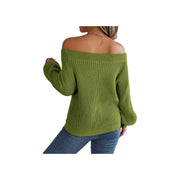 Trendy Openwork Off-Shoulder Knit Sweater – Cozy Fall Long Sleeve Top in green, showcasing its chic off-shoulder design.
