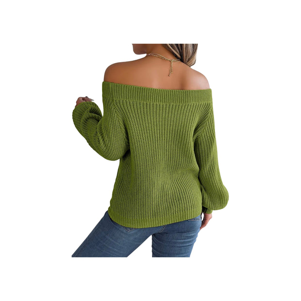 Trendy Openwork Off-Shoulder Knit Sweater – Cozy Fall Long Sleeve Top in green, showcasing its chic off-shoulder design.