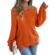 Distressed Hem Openwork Off-Shoulder Sweater – Relaxed Knit in vibrant orange color with slouchy neckline and raw hemline.