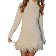 Cozy Fringe Turtleneck Sweater Dress – Long Sleeve Knit featuring long sleeves and soft fringe hem.