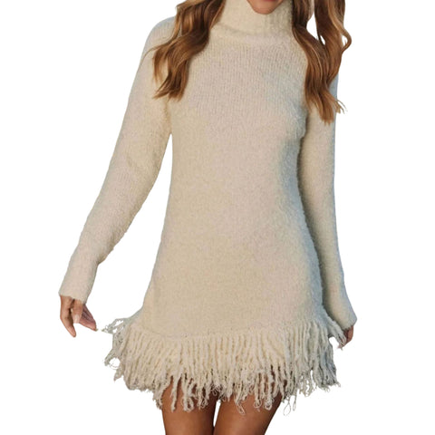 Cozy Fringe Turtleneck Sweater Dress – Long Sleeve Knit featuring long sleeves and soft fringe hem.