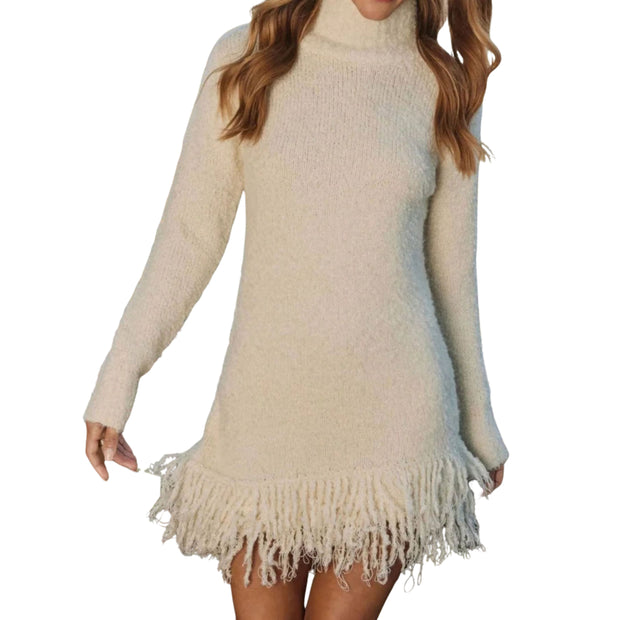 Cozy Fringe Turtleneck Sweater Dress – Long Sleeve Knit featuring long sleeves and soft fringe hem.