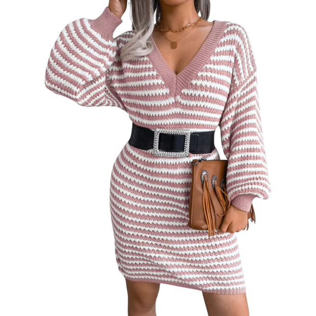 Striped Ribbed V-Neck Sweater Dress – Long Sleeve Knit styled with a black belt and handbag, showcasing its classic stripes.