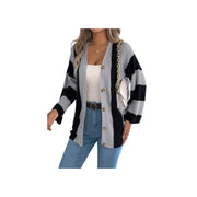 Cozy Color Block Button-Up Cardigan – Long Sleeve Knit Sweater featuring a chic black and grey striped design.