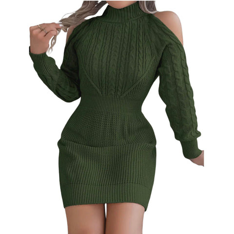 Cold Shoulder Cable Knit Turtleneck Sweater Dress – Long Sleeve Cutout Knit Dress