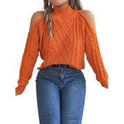 Cable Knit Cold Shoulder Turtleneck Sweater in vibrant orange, featuring stylish cutouts and classic cable-knit design.