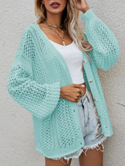 Openwork Button Front Cardigan in light blue worn over a white tank and denim shorts, showcasing its stylish design.