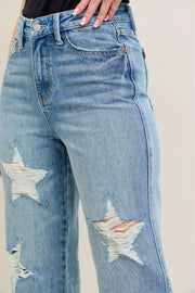 Judy Blue Plus Size High Waist Magic Star Destroy 90’s Straight Jeans showcasing distressed star details and a flattering fit.