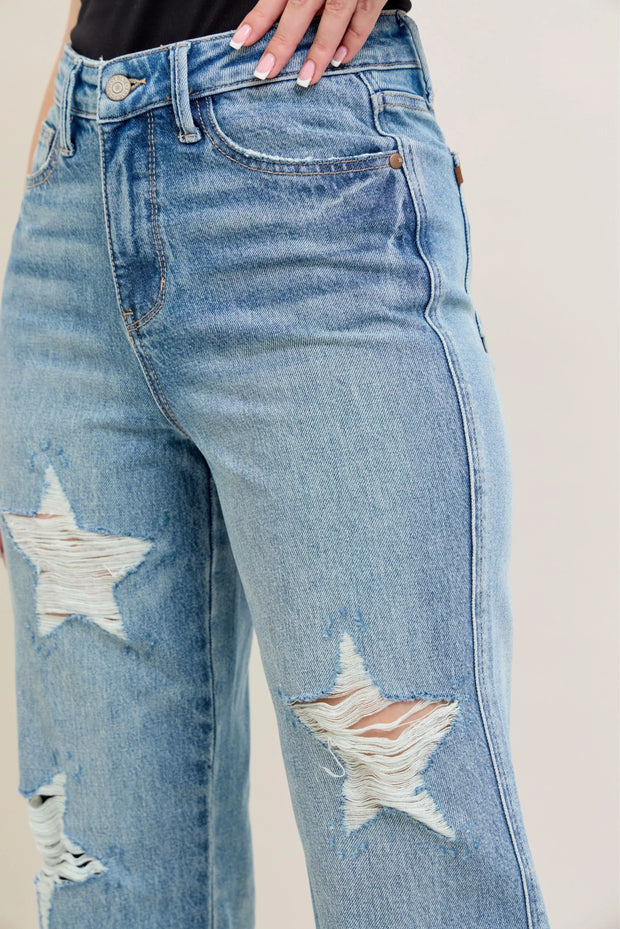 Judy Blue Plus Size High Waist Magic Star Destroy 90’s Straight Jeans showcasing distressed star details and a flattering fit.