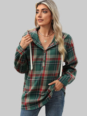 Plaid Hooded Drawstring Top in green and red plaid, featuring a drawstring hood and relaxed fit for casual style.