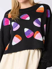 Halloween Candy Sequin Long-Sleeve Sweatshirt with colorful candy corn sequin design.