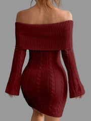 off-shoulder cable knit sweater dress in burgundy with ribbed neckline and long sleeves.