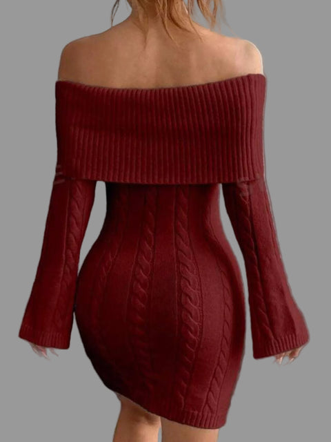 off-shoulder cable knit sweater dress in burgundy with ribbed neckline and long sleeves.