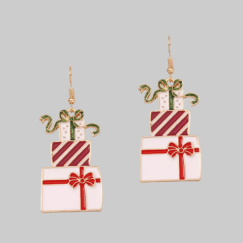 Stacked Gift Box Christmas Earrings featuring colorful stacked present charms with bows and glitter accents.