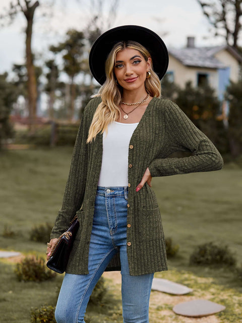 Ribbed Button-Up Cardigan with Pockets, casual style, heathered green, long sleeve, v-neck, perfect for layering.