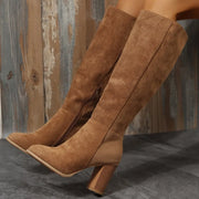 Point Toe Block Heels Boots in soft brown suede with stylish block heels and a zip closure.