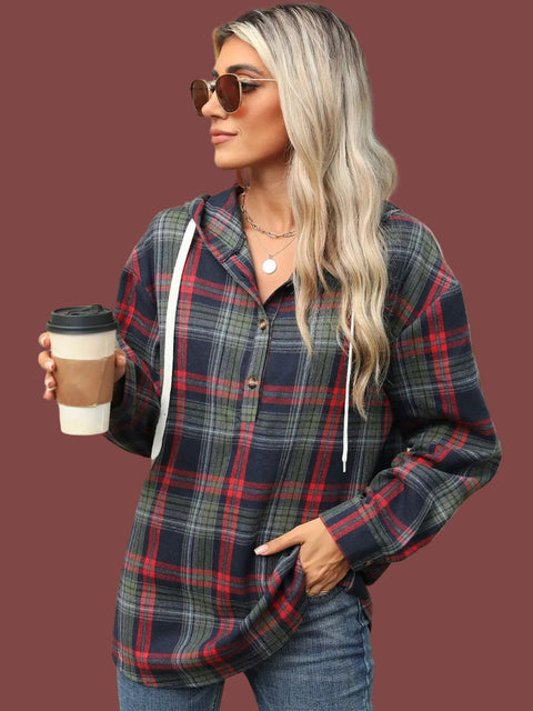 Plaid Hooded Drawstring Top featuring a stylish woman holding coffee, casual and cozy plaid pattern.