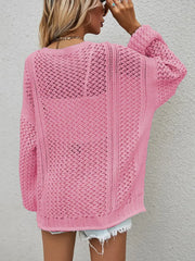 Openwork Button Front Cardigan in pink, showcasing intricate openwork design and loose fit.