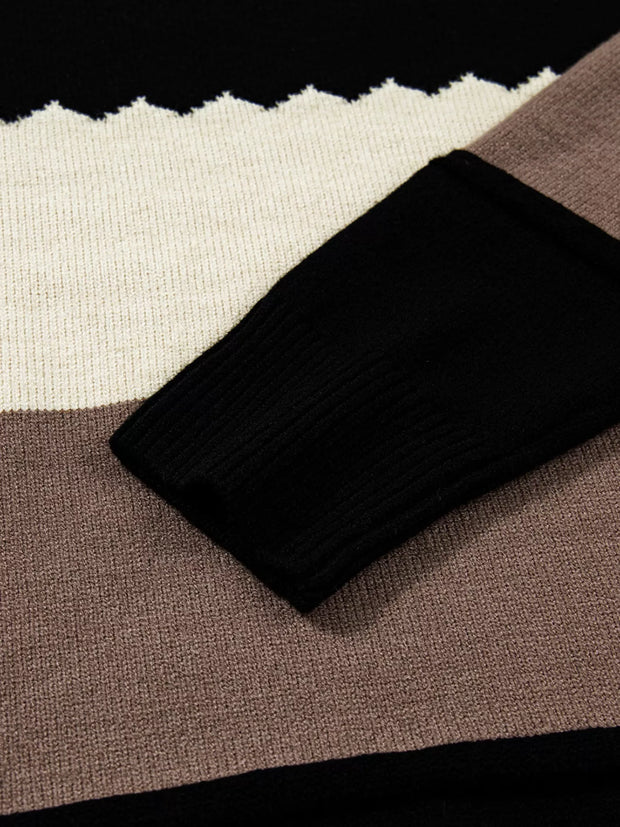 Close-up of Color Block Drop Shoulder Sweater – Crew Neck Knit featuring soft knit fabric and stylish color block design.