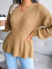 V-Neck Dropped Shoulder Sweater in tan with peplum and ribbed texture, styled casually with coffee.