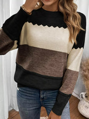 Color Block Drop Shoulder Sweater – Crew Neck Knit in black, cream, and brown with relaxed fit and drop shoulders.