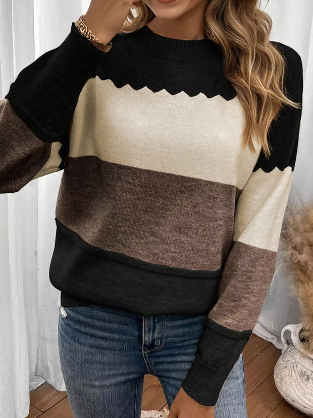 Color Block Drop Shoulder Sweater – Crew Neck Knit in black, cream, and brown with relaxed fit and drop shoulders.