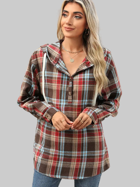 Model wearing a Plaid Hooded Drawstring Top in brown and blue plaid, showcasing a relaxed fit and button-up front.