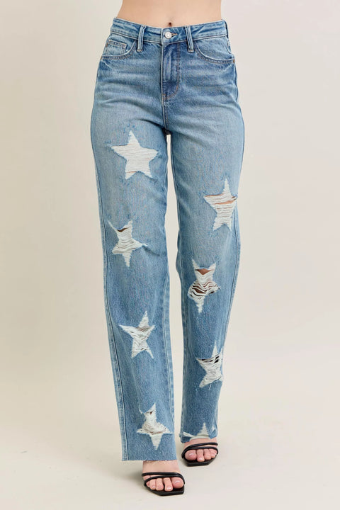 Judy Blue Plus Size High Waist Magic Star Destroy 90’s Straight Jeans with distressed star designs and raw hems.