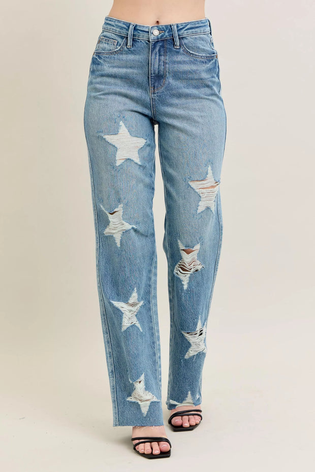 Judy Blue Plus Size High Waist Magic Star Destroy 90’s Straight Jeans with distressed star designs and raw hems.