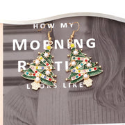 18K Gold Christmas Tree Earrings featuring colorful rhinestones and pearls in a festive design.