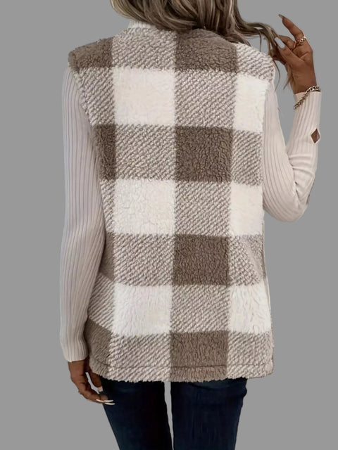Plaid Sherpa Vest Coat showcasing a stylish back view, featuring a cozy plaid pattern in beige and white.