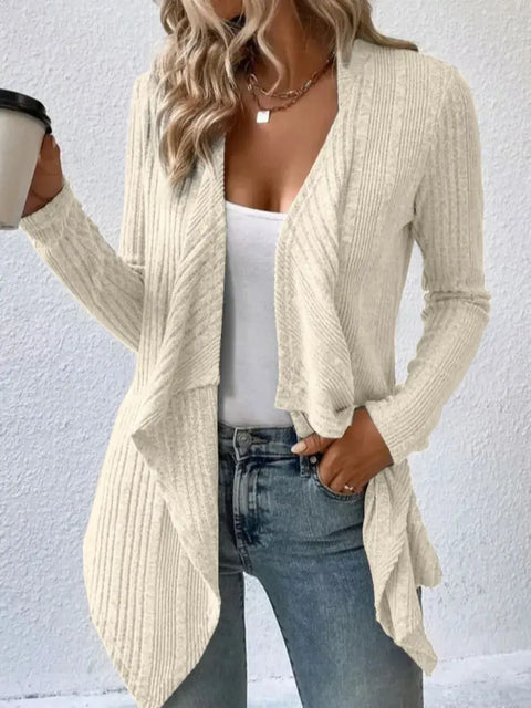 Open Front Long Sleeve Cardigan in cream color, featuring a cozy knit design, paired with casual denim.