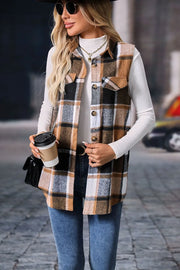 Plaid Button-Up Vest Coat worn by a woman, featuring a structured plaid pattern, button-front closure, and cozy layers.