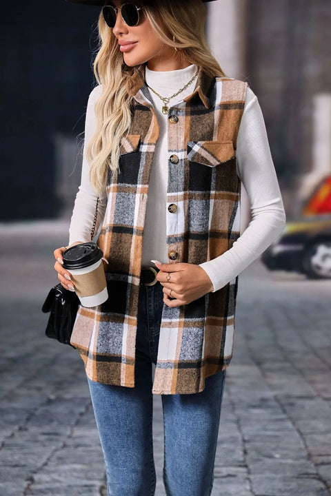 Plaid Button-Up Vest Coat worn by a woman, featuring a structured plaid pattern, button-front closure, and cozy layers.