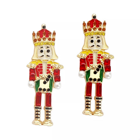 18K Gold Pearl Rhinestone Earrings Colorful nutcracker earrings designed with festive red and gold accents for a playful holiday accessory.