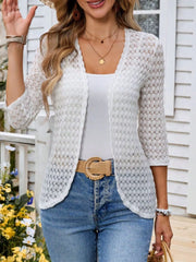 Open Front 3/4 Sleeve Cardigan – Lightweight Layer worn over a white tank top, styled with jeans and accessories.