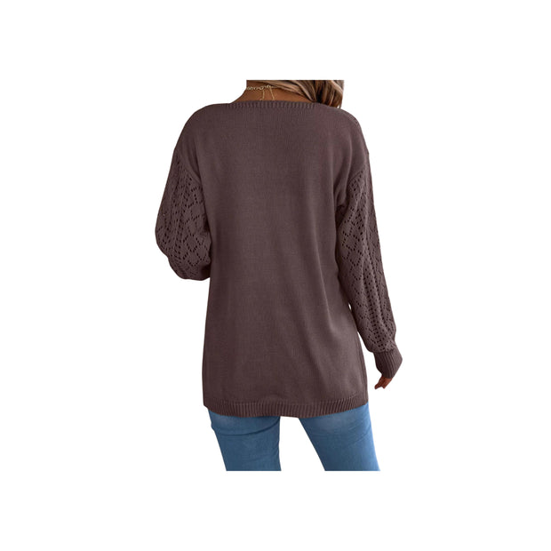 Openwork Knit Open-Front Cardigan – Lightweight Long Sleeve Layering Sweater in dark brown, showcasing back view and openwork sleeve design.