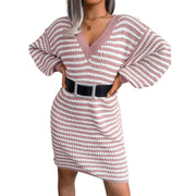 Striped Ribbed V-Neck Sweater Dress – Long Sleeve Knit model wearing belted dress with loose sleeves and striped pattern