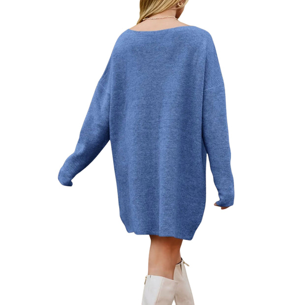 V-Neck Dropped Shoulder Sweater Dress – Cozy Knit Style in blue from the back, showcasing its relaxed silhouette.
