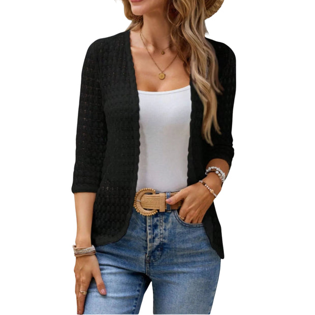 Open Front 3/4 Sleeve Cardigan – Lightweight Layer worn with a white tank top and denim, showcasing its versatile style.
