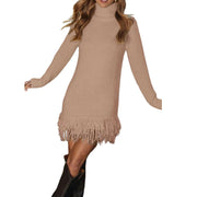 Cozy Fringe Turtleneck Sweater Dress – Long Sleeve Knit in beige with playful fringe hem detail.