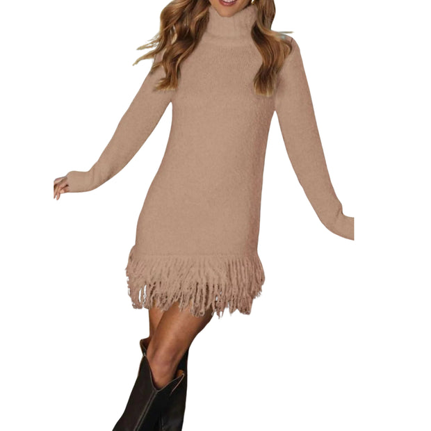 Cozy Fringe Turtleneck Sweater Dress – Long Sleeve Knit in beige with playful fringe hem detail.