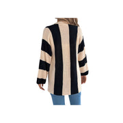 Cozy Color Block Button-Up Cardigan – Long Sleeve Knit Sweater in black and cream stripes, showcasing a relaxed fit and stylish design.