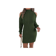 Cold Shoulder Cable Knit Turtleneck Sweater Dress – Long Sleeve Cutout Knit Dress in green with stylish cutout details.