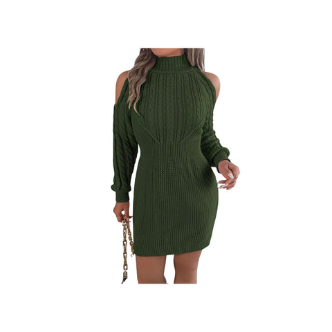 Cold Shoulder Cable Knit Turtleneck Sweater Dress – Long Sleeve Cutout Knit Dress in green with stylish cutout details.