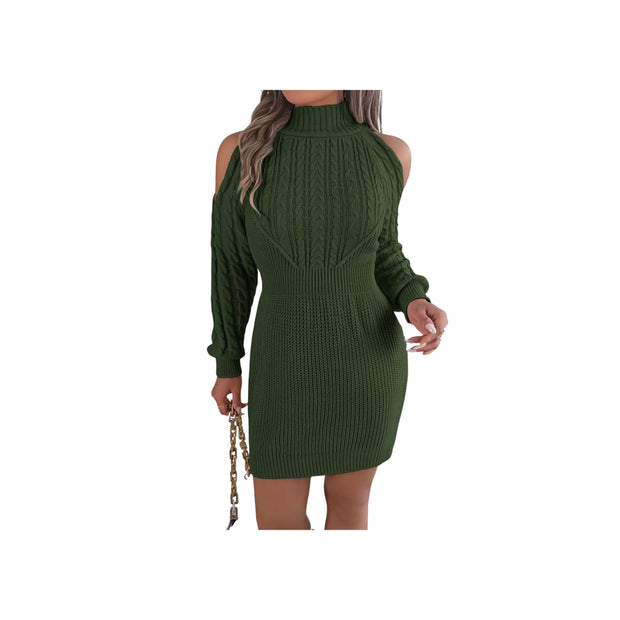 Cold Shoulder Cable Knit Turtleneck Sweater Dress – Long Sleeve Cutout Knit Dress in green with stylish cutout details.